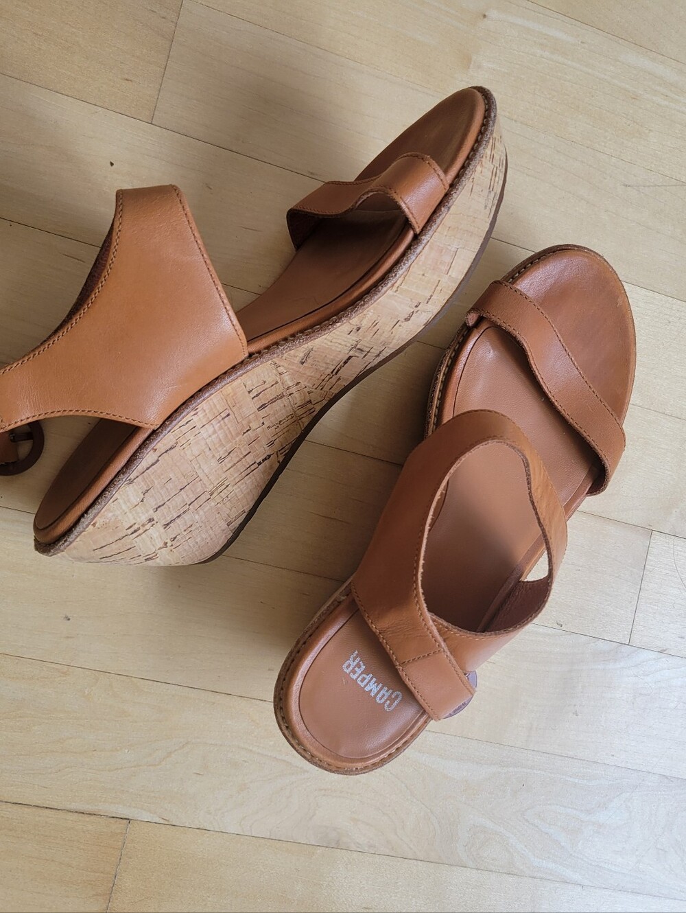 Camper Women's Cognac Leather Cork Wedge Sandals